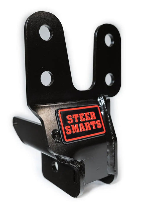 Bombproof Heavy Duty Sector Shaft Brace With Track Bar Reinforcement Bracket For Jeep Wrangler And Gladiator Trail Ready Offroad Suspension Upgrade In Black, detailed view of black brace with Steer Smarts logo.
