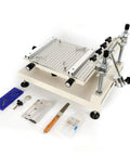 Manual SMT solder paste printer with 250x400mm print area, showing setup tools on 300x400mm work table, handles 0-80mm substrates.