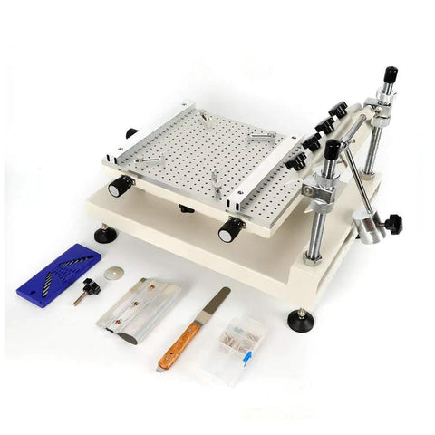 Manual SMT solder paste printer with 250x400mm print area, showing setup tools on 300x400mm work table, handles 0-80mm substrates.