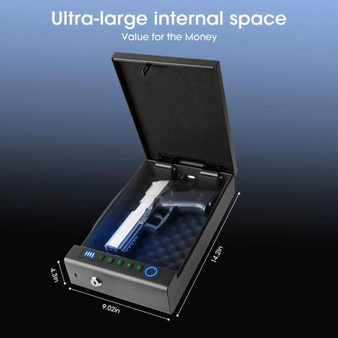 Portable Fingerprint Gun Safe For Handgun With Three Quick Access Methods Including Fingerprint Digital PIN And Physical Key open showing internal size.