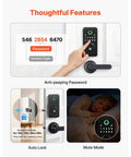 Matte Black Fingerprint Door Lock Set With Easy Grip Lever And Advanced Biometric Scanner For Hassle Free Keyless Entry showing anti-peeping password feature.