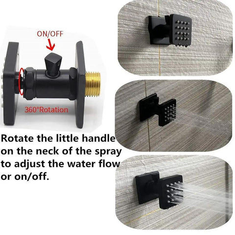 Shower Body Spray Solid Brass Massage Jets With Wall Mount, Dope Matte Black Swivel Shower Head showing flow control in action.