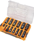 Deep Well Impact Socket Set With Half Inch Drive SAE Color Coded 14 Piece In MODbox Case Includes Three Eighths Inch To One Inch Sockets Impact Adapter And Extension And KNECT M Pass Through Adapter in open orange case