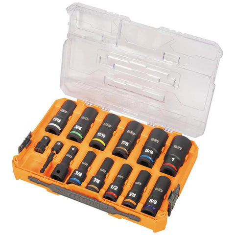 Deep Well Impact Socket Set With Half Inch Drive SAE Color Coded 14 Piece In MODbox Case Includes Three Eighths Inch To One Inch Sockets Impact Adapter And Extension And KNECT M Pass Through Adapter in open orange case