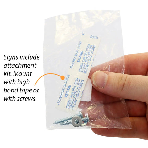 Hand holding mounting kit with screws for Fire Extinguisher Sign Two-Sided V-Shaped Projecting Wall Sign With Down Arrow 18x4 Inches 120 Mil Glow-In-The-Dark Acrylic Photoluminescent Durable No-Brainer Easy Install With Pre-Drilled Holes