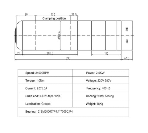 Top Rated 2.5KW Water Cooled Spindle Motor ISO25 Taper Compatible With CNC Milling Engraving Machines 220V 380V VFD Ready technical diagram.