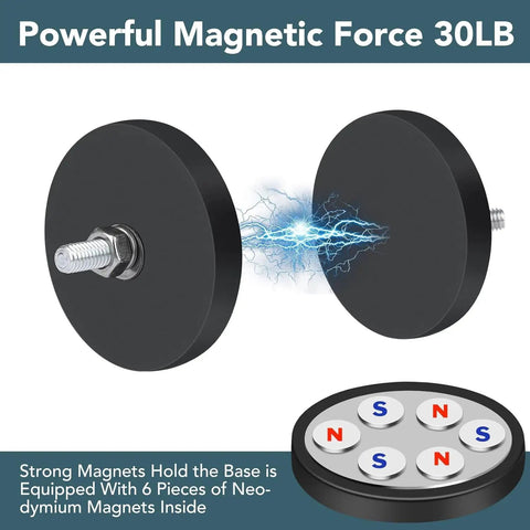 12 Pack Rubber Coated Neodymium Threaded Mounting Magnets With Full Hardware close-up of two strong threaded mounts with powerful magnetic force.
