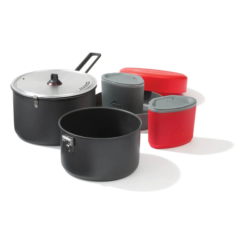 Ultralight Two Person Backpacking Camping Cook Set With 1.5L And 2.5L Hard Anodized Nonstick Pots Strainer Lid And Two Deep Dish Plates