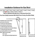 Installation guidance for 2 Pack Heavy Duty Gas Struts with capacity details and dimensions for wooden and aluminum doors.