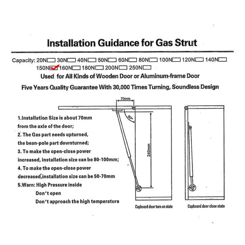 Installation guidance for 2 Pack Heavy Duty Gas Struts with capacity details and dimensions for wooden and aluminum doors.