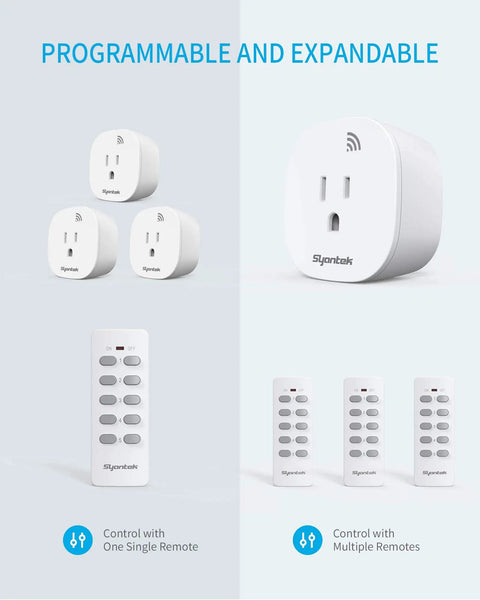 Expandable Wireless Outlet Switch Kit With Remote Controls, 5 Outlets And 2 Remotes displayed with sockets and remotes