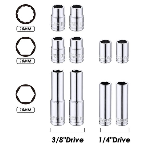 Ten Piece One Quarter Inch And Three Eighths Inch Drive Deep And Shallow Metric Sockets Set In CR V Steel With Mirror Finish in 10mm