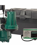 Total No Sweat Flood Defense Combo Sump Pump System Featuring Battery Powered Backup And One Half Horsepower Primary Motor Plug And Go Wet Basement Water Removal Setup with charger.