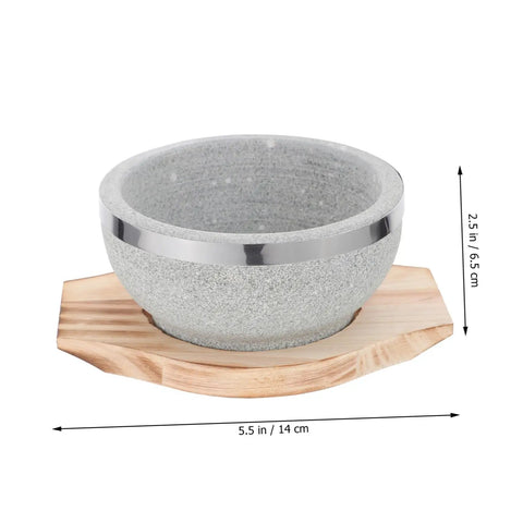 Korean Stone Bowl Set With Wooden Base For Bibimbap Soup And Rice Keeps Food Hot Longer With Durable Granite Stoneware, 5.5in size