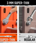 Comparison of 3mm super-thin and regular wrenches in use, highlighting the Slim SAE Open End Wrench Set's fit in tight spaces.