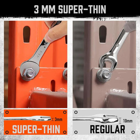 Comparison of 3mm super-thin and regular wrenches in use, highlighting the Slim SAE Open End Wrench Set's fit in tight spaces.
