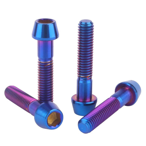 Beefed Up Titanium Bolt Set M6 Hex Allen Screws Burnt Blue Finish 4 Pack with multiple lengths Ti6Al4V Grade 5 titanium alloy tapered