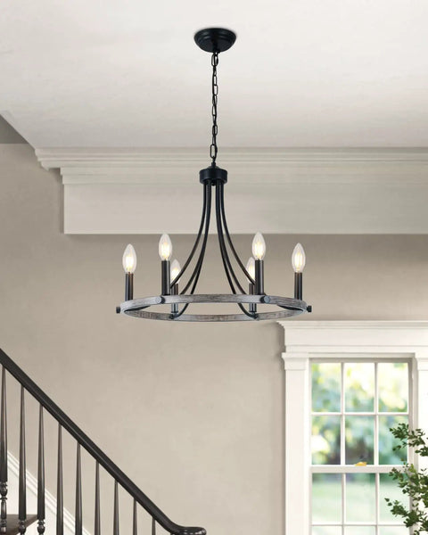 Farmhouse Wagon Wheel Chandelier With 6 Rustic Edison Style Lights Round Pendant Ceiling Light Fixture, black finish in room.