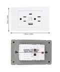 Modern Heavy 15 Amp Wall Receptacle Featuring Legit Dual Usb And Type C Power Nodes Built With Heat Shields Plus Durable Steel Frame For Dead Snappy Device Charging front and back view with dimensions and installation details.