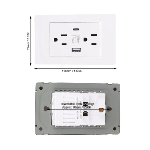 Modern Heavy 15 Amp Wall Receptacle Featuring Legit Dual Usb And Type C Power Nodes Built With Heat Shields Plus Durable Steel Frame For Dead Snappy Device Charging front and back view with dimensions and installation details.