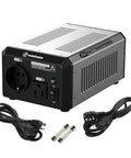 350 Watt Bidirectional Pro Grade Voltage Transformer For 110 To 120V And 220 To 240V With AC Outlets Heavy Duty Step Up Step Down Converter UL CSA MET Approved Certified. Black metal body with power cords and fuses displayed.