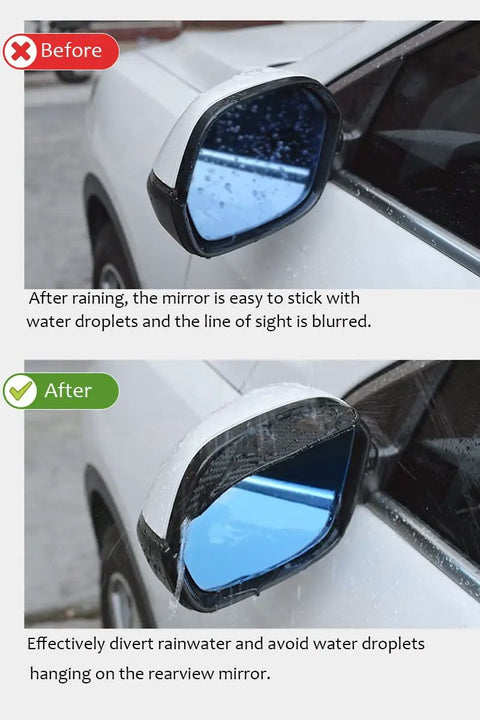 Comparison of car side mirrors with and without Universal Fit Side Mirror Rain Guards Eyebrow Visor Shields, showing water deflection.