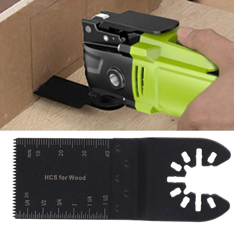 33 Piece Universal Oscillating Multitool Blade Set Heavy-Duty With High Carbon Steel Blades cutting wood with a power tool