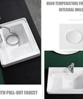 Ceramic Laundry Sink - Single Bowl Bathroom Vessel Sink, Semi-Recessed Square Design With Washboard, Easy To Clean For Laundry Room Or Balcony, featuring pull-out faucet.