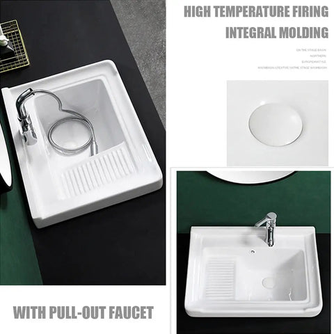 Ceramic Laundry Sink - Single Bowl Bathroom Vessel Sink, Semi-Recessed Square Design With Washboard, Easy To Clean For Laundry Room Or Balcony, featuring pull-out faucet.