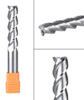 SpeTool 3-flute carbide end mill for aluminum; 1/2-in shank, 4 in length, upcut, shown in front, side, and close-up views.