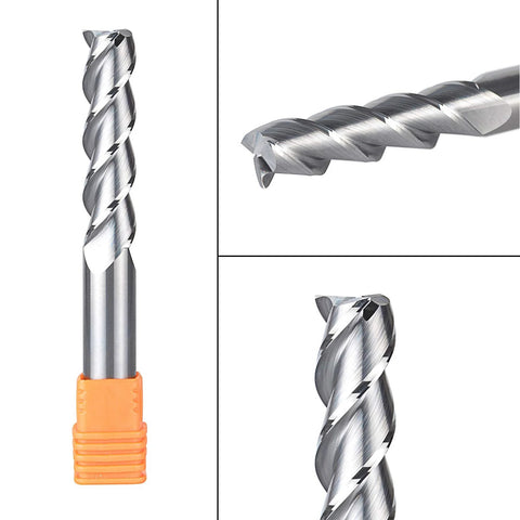 SpeTool 3-flute carbide end mill for aluminum; 1/2-in shank, 4 in length, upcut, shown in front, side, and close-up views.