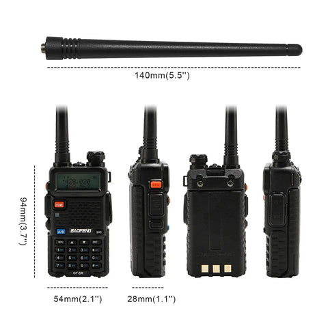 Six Pack GT5R Ham Radios Handheld Dual Band Two Way Radios FCC Compliant with detachable antenna, front and side views.