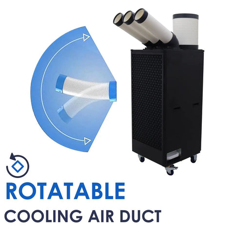 Commercial Grade Heavy Duty 220V Portable Air Conditioner Industrial Spot Cooler With Roomy 13 Liter Drain Tank And Smooth Roll Away Wheels, featuring rotatable cooling air duct.