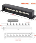 Top Shelf Heavy Duty Copper Battery Bus Bar Rated 600 Amp With Eight Three Eighth Posts And Flame Retardant Housing, dimensions and stud details.