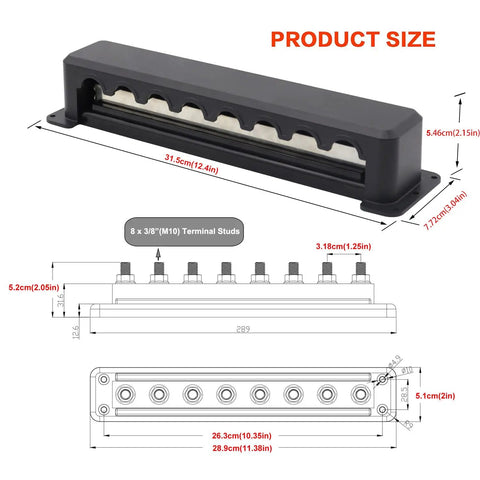 Top Shelf Heavy Duty Copper Battery Bus Bar Rated 600 Amp With Eight Three Eighth Posts And Flame Retardant Housing, dimensions and stud details.