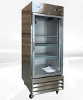 Top Shelf Commercial Freezer Upright Reach In With Tempered Glass Door And Built Tough Stainless Steel Exterior Nsf Certified 23 Cubic Foot Capacity, front view with empty shelves.
