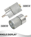 Two small silver geared DC motors with output shafts, labeled SIDE-A and SIDE-B.