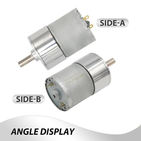 Two small silver geared DC motors with output shafts, labeled SIDE-A and SIDE-B.