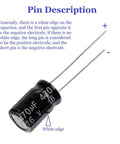 Close-up of a 470uF 16V capacitor with pin description, part of the Massive 500Pcs Aluminum Electrolytic Capacitor Kit.
