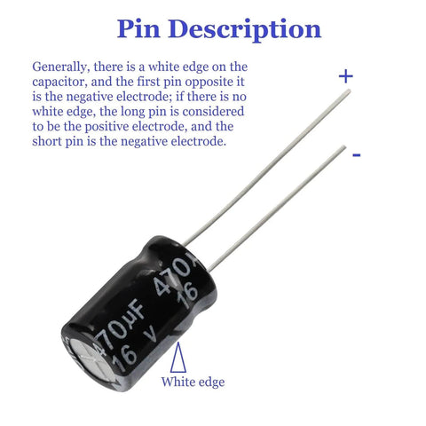 Close-up of a 470uF 16V capacitor with pin description, part of the Massive 500Pcs Aluminum Electrolytic Capacitor Kit.
