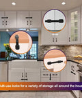 Image of Six Pack Baby Proof Cabinet Locks With 3M Adhesive No Drilling Adjustable Child Safety Straps on white kitchen cabinets.