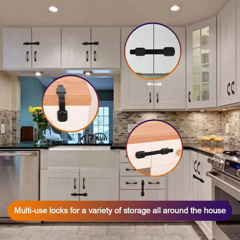 Image of Six Pack Baby Proof Cabinet Locks With 3M Adhesive No Drilling Adjustable Child Safety Straps on white kitchen cabinets.