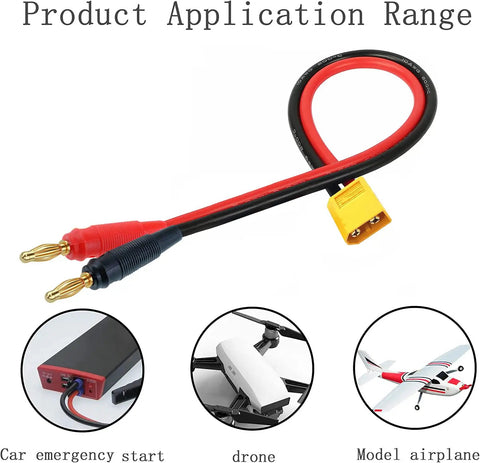 XT30 Male To 4mm Banana Plug Adapter Cable 16AWG 30CM Lead For RC LiPo Battery Charging FPV Drone, High Current Power Connector, Yellow, 2 Pack