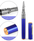 Close-up of blue Pocket Size Pen Fishing Pole And Reel Combo For Travel Ultra Portable Telescopic Mini Rod micro collapsible design.