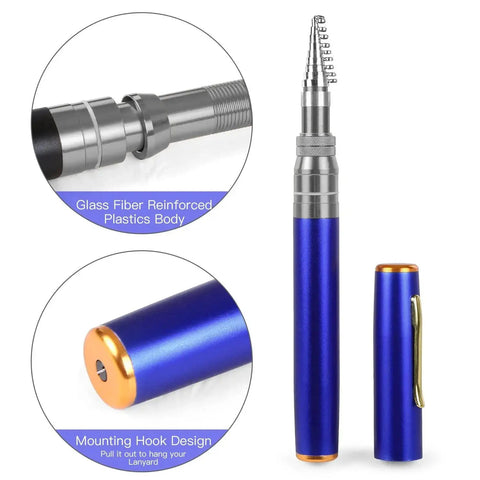 Close-up of blue Pocket Size Pen Fishing Pole And Reel Combo For Travel Ultra Portable Telescopic Mini Rod micro collapsible design.