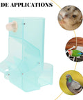 No Fuss Splash Proof Bird Feeder Cage Mount With Secure Buckle Clip And Hanging Rod For Parrots And Finches Easy Breezy Setup Green Seed Bowl in light blue.