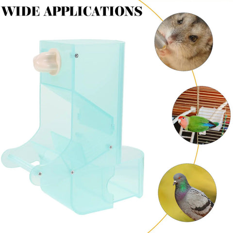 No Fuss Splash Proof Bird Feeder Cage Mount With Secure Buckle Clip And Hanging Rod For Parrots And Finches Easy Breezy Setup Green Seed Bowl in light blue.
