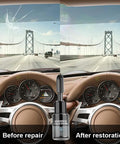 Before and after using Windshield Crack Repair Kit and Fluid For Chips, all-weather glass repair for cars shown on a dashboard.