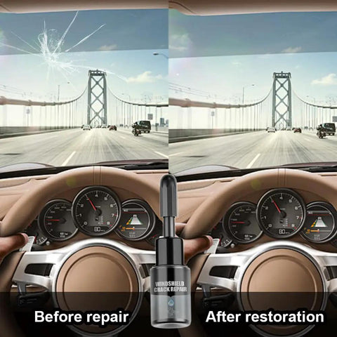 Before and after using Windshield Crack Repair Kit and Fluid For Chips, all-weather glass repair for cars shown on a dashboard.