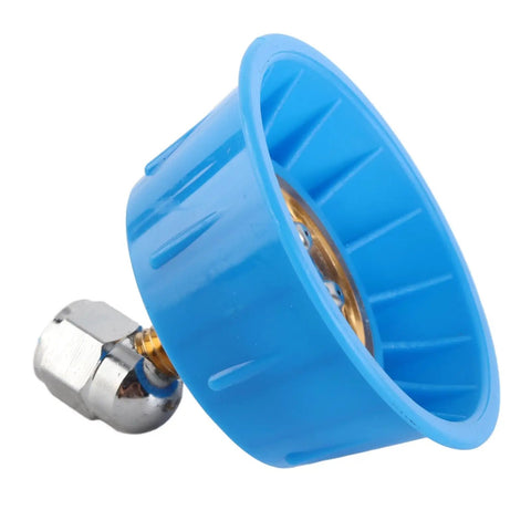 Blue seven hole elbow atomizing nozzle for high pressure garden sprayers with fine mist and wide coverage, water saving up to 30 percent.